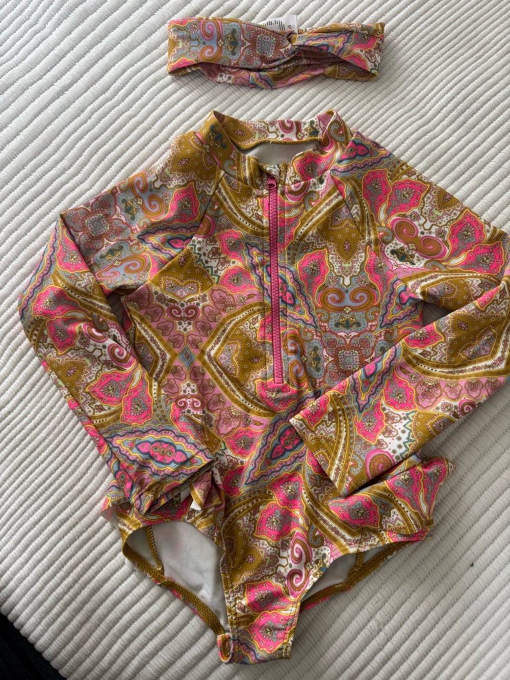 Jessica Simpson Girls Multicolor Paisley Long Sleeve Swim Suit with Headband